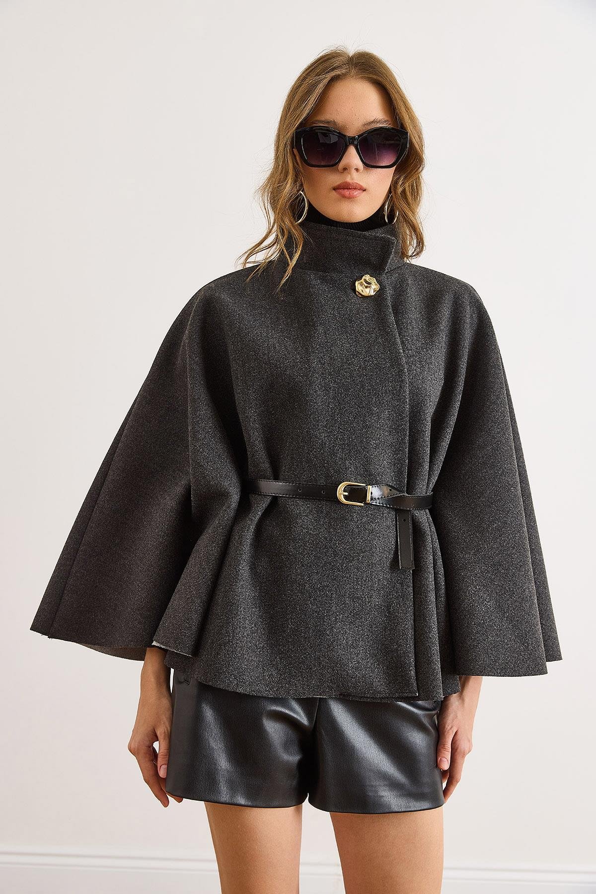 Tek Düğme Kemerli Kaşe Pelerin Panço Antrasit