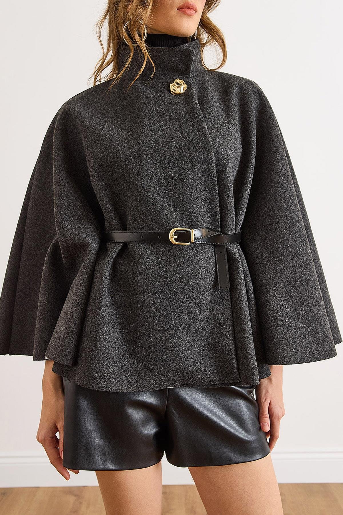 Tek Düğme Kemerli Kaşe Pelerin Panço Antrasit