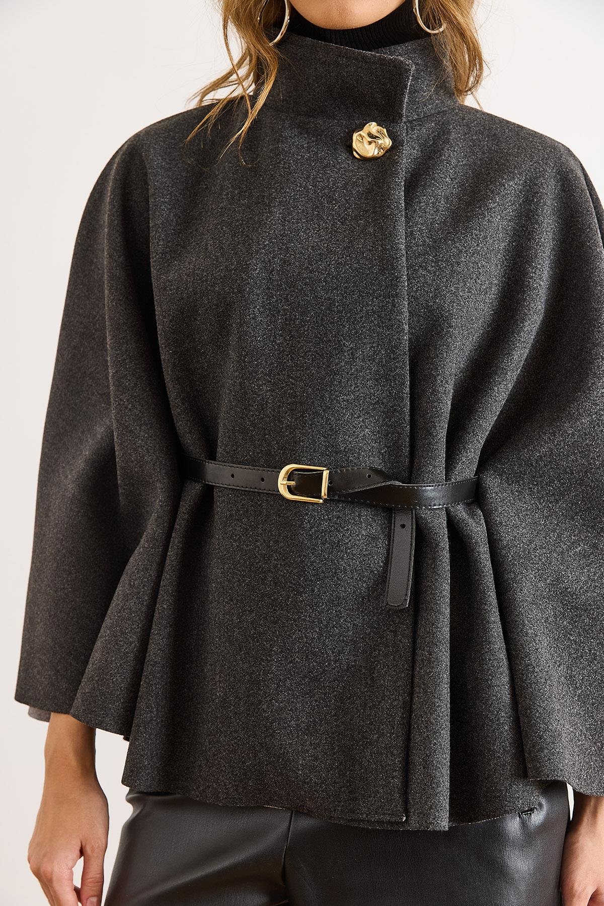 Tek Düğme Kemerli Kaşe Pelerin Panço Antrasit