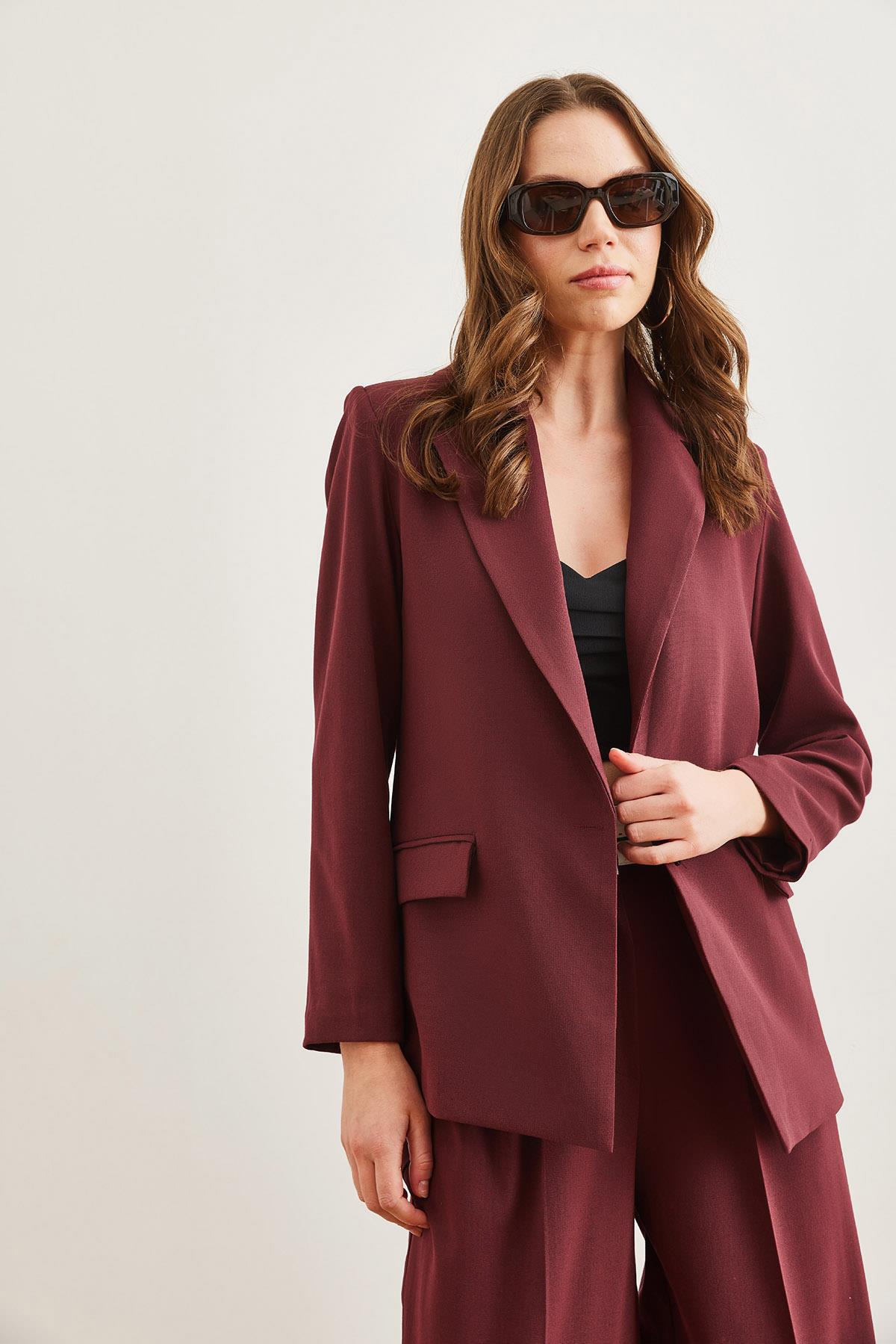 Tek Düğmeli Astarlı Cep Kapaklı Premium Blazer Ceket Bordo