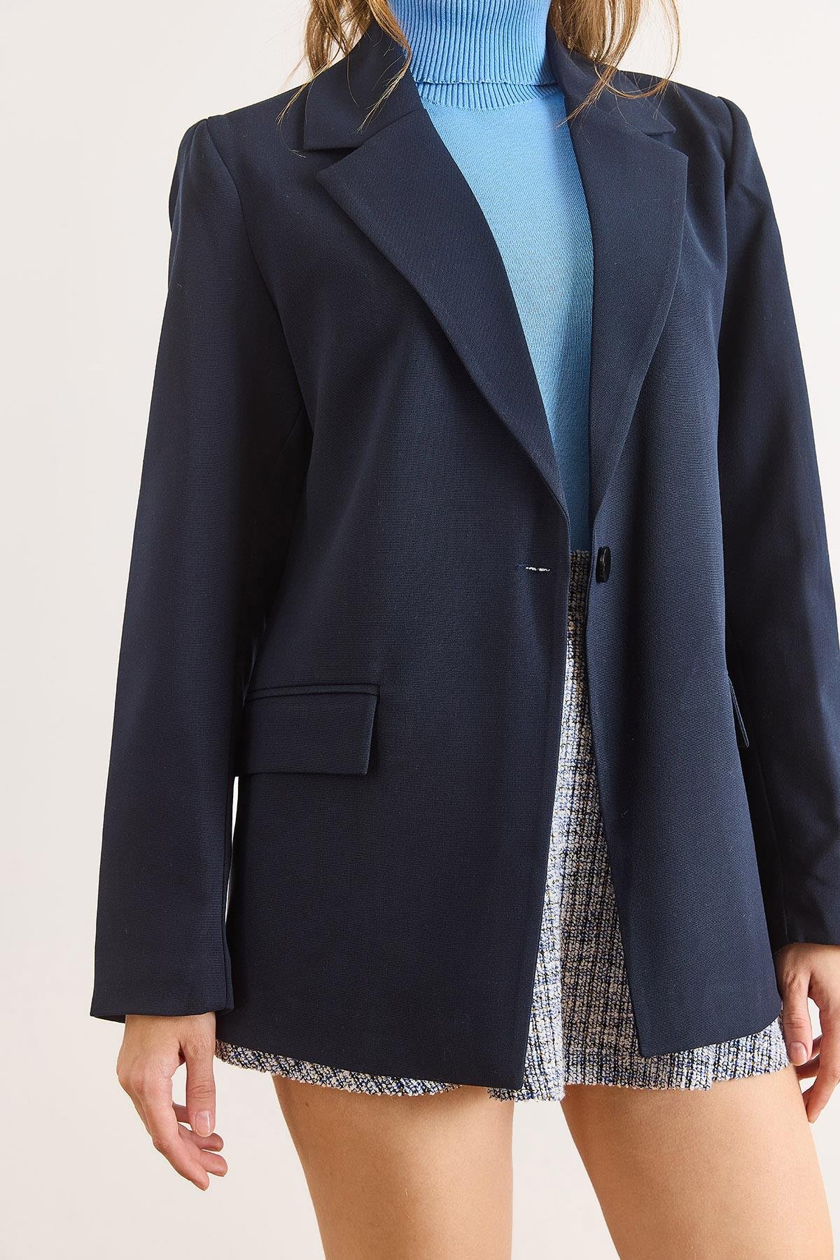 Tek Düğmeli Astarlı Cep Kapaklı Premium Blazer Ceket Lacivert
