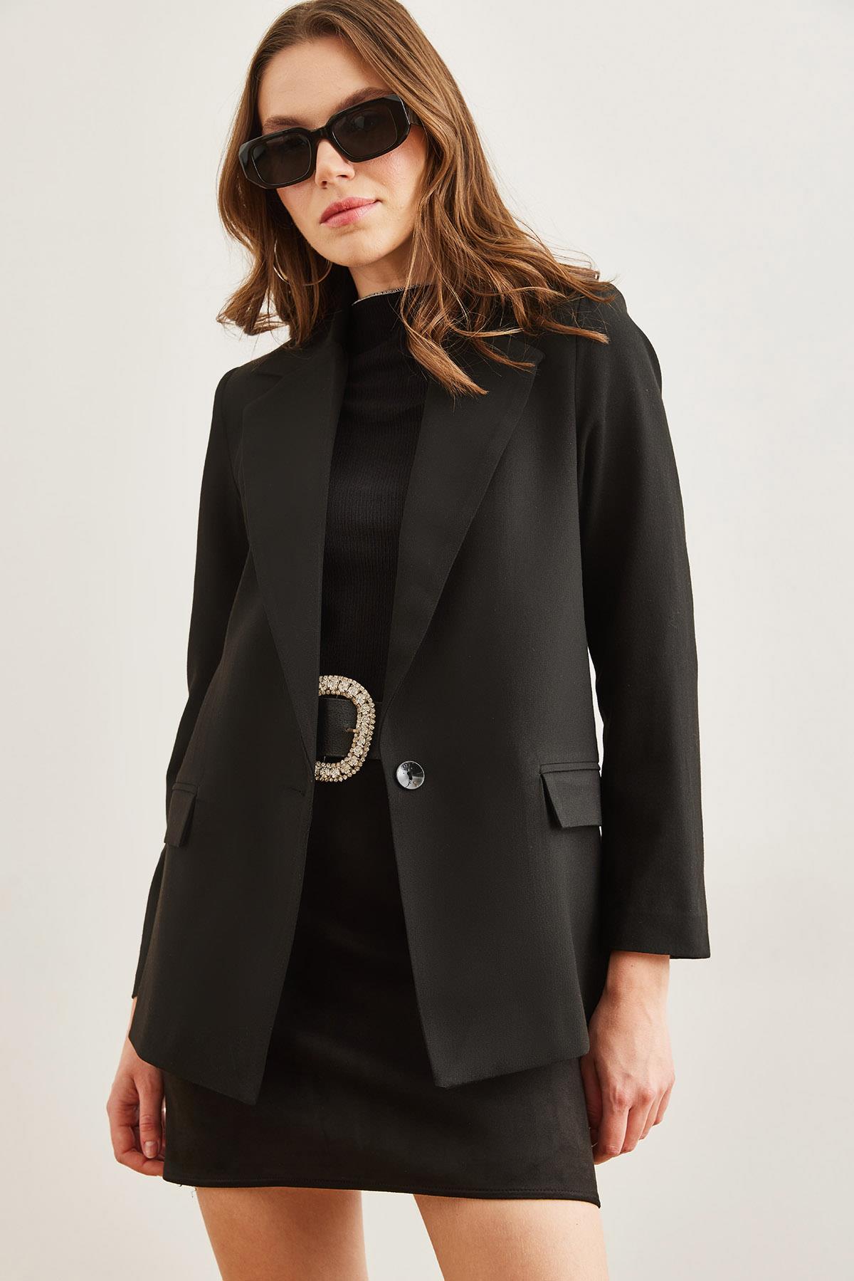 Tek Düğmeli Astarlı Cep Kapaklı Premium Blazer Ceket Siyah