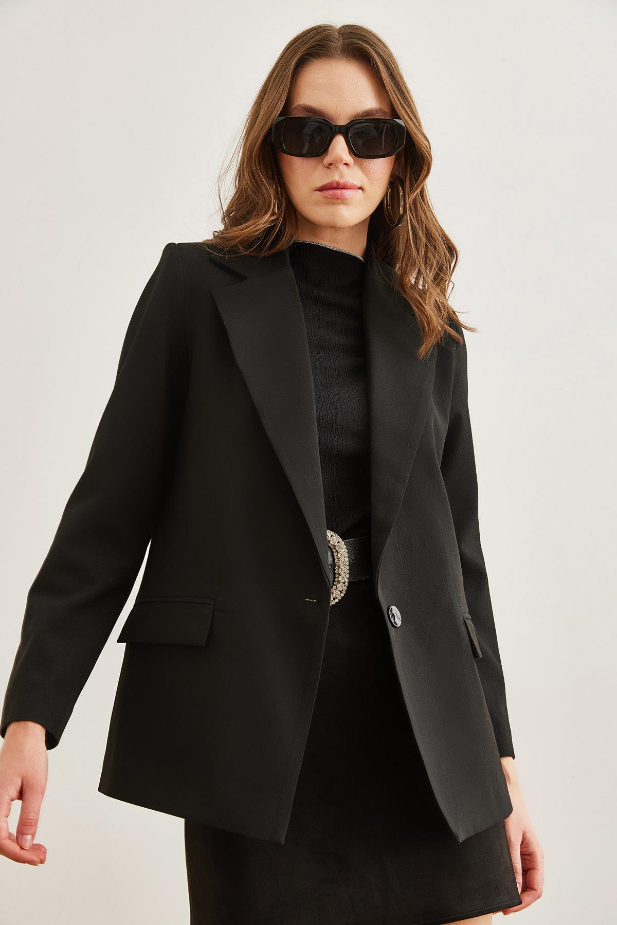 Tek Düğmeli Astarlı Cep Kapaklı Premium Blazer Ceket Siyah