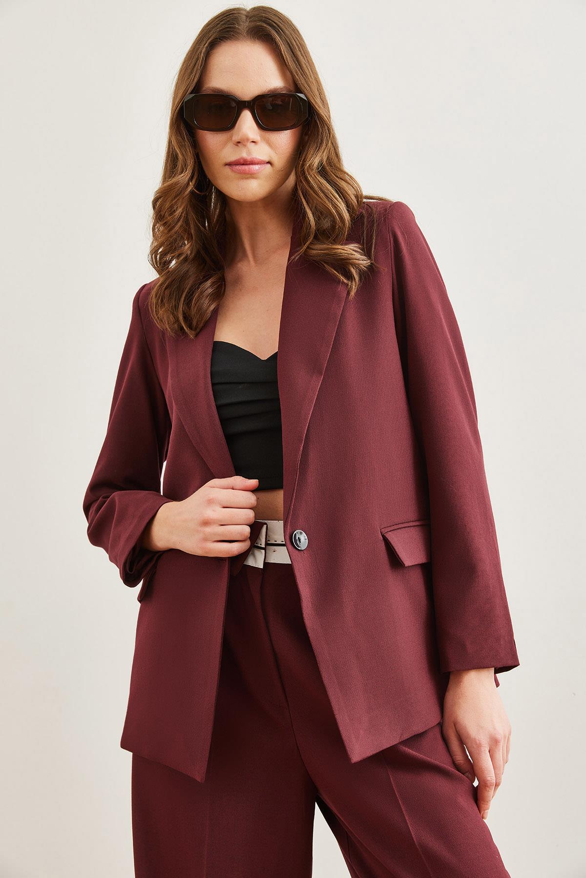 Tek Düğmeli Astarlı Cep Kapaklı Premium Blazer Ceket Bordo