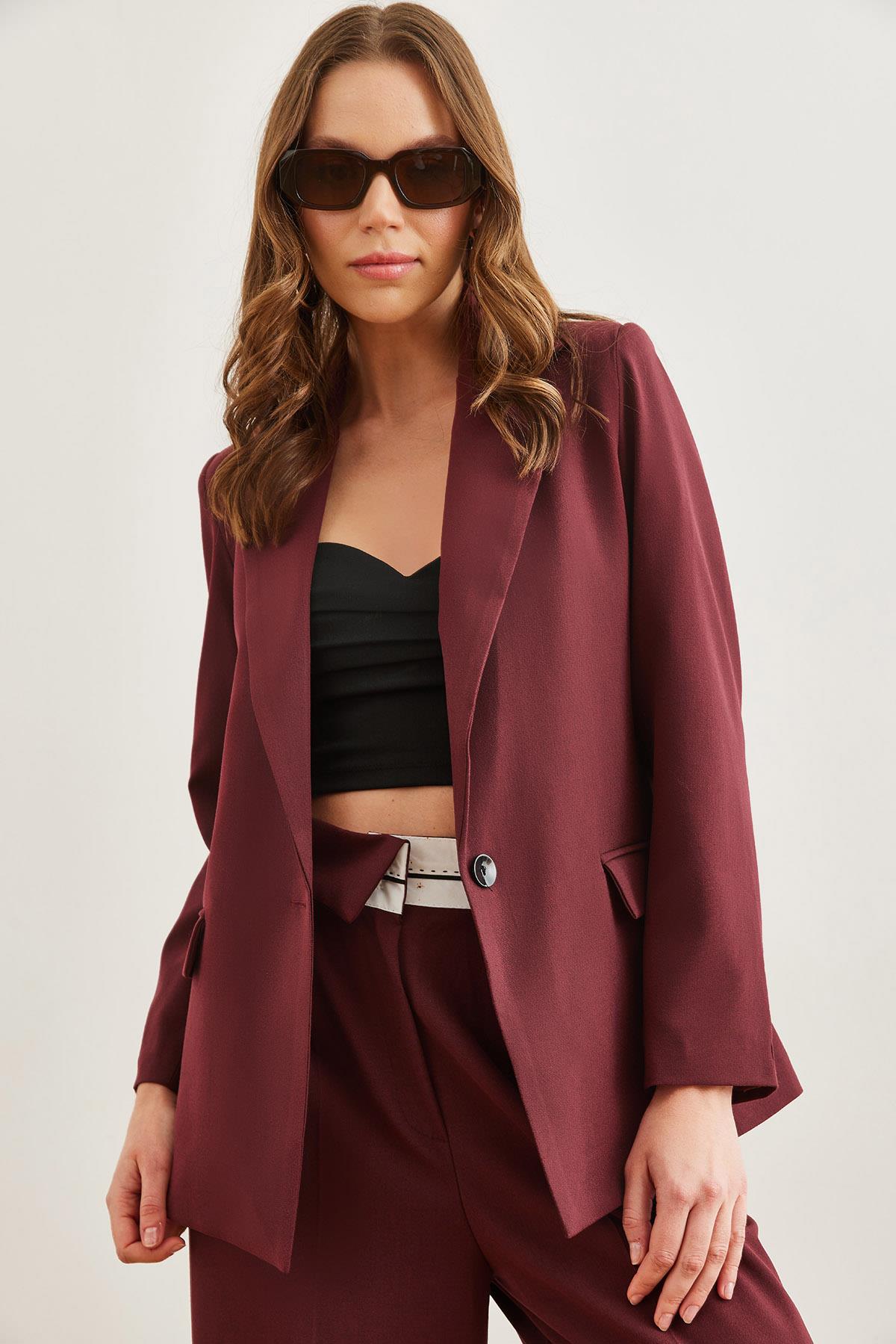 Tek Düğmeli Astarlı Cep Kapaklı Premium Blazer Ceket Bordo