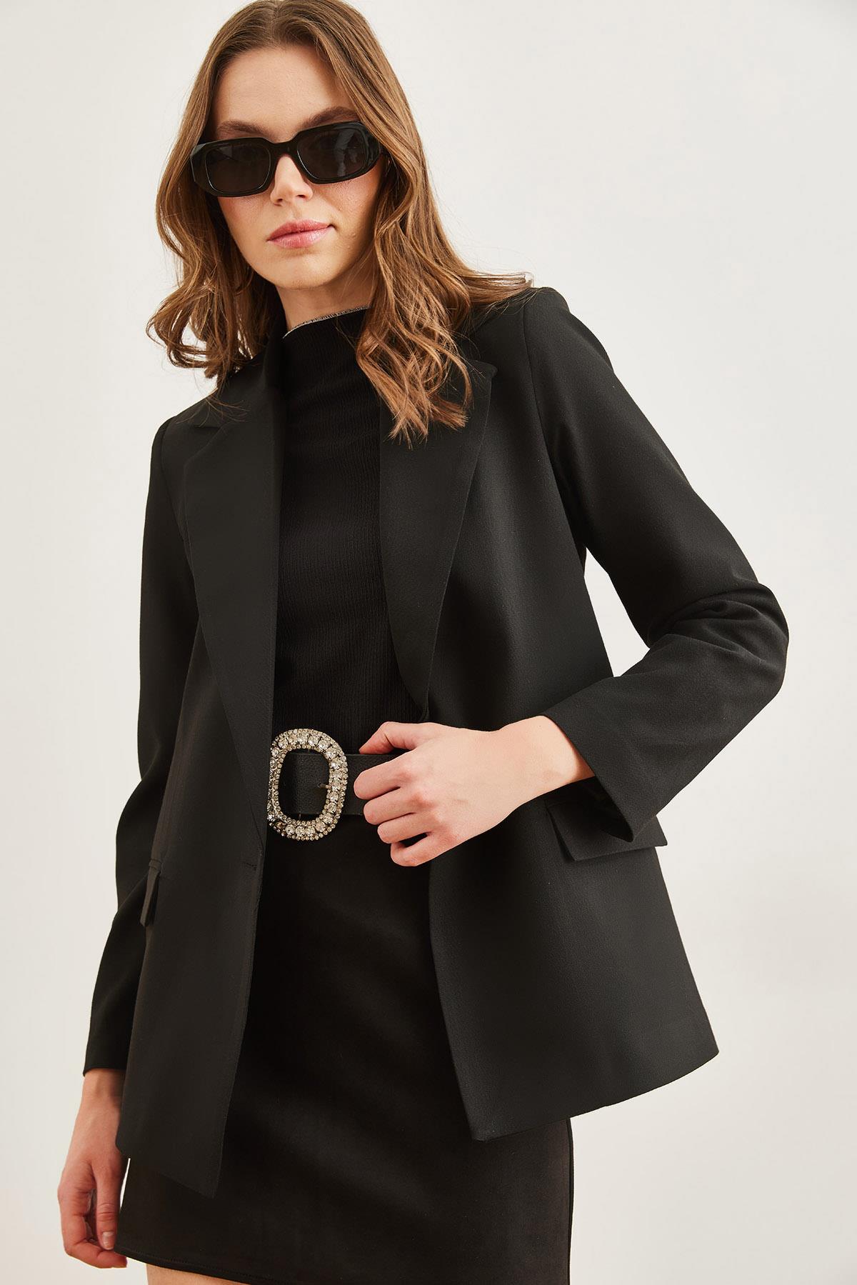 Tek Düğmeli Astarlı Cep Kapaklı Premium Blazer Ceket Siyah