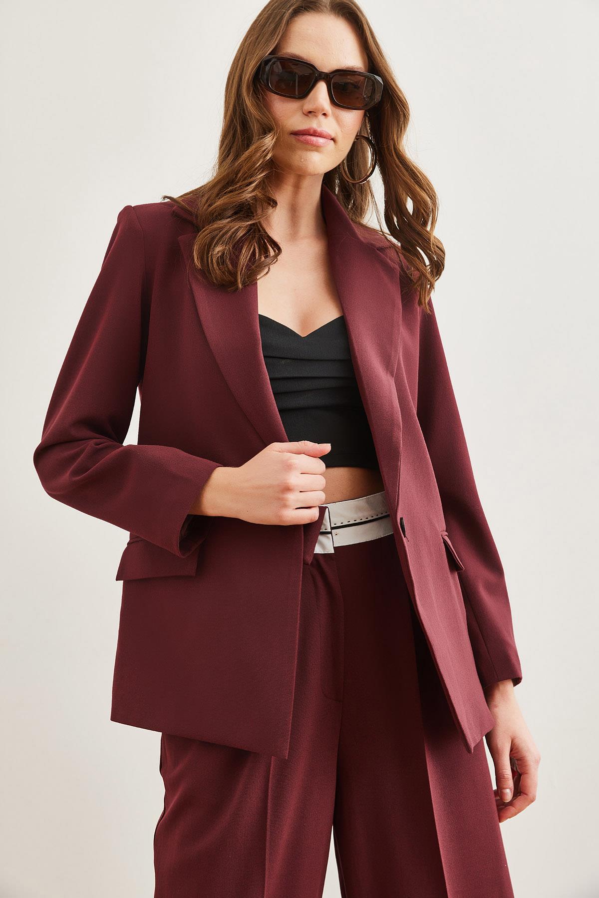 Tek Düğmeli Astarlı Cep Kapaklı Premium Blazer Ceket Bordo