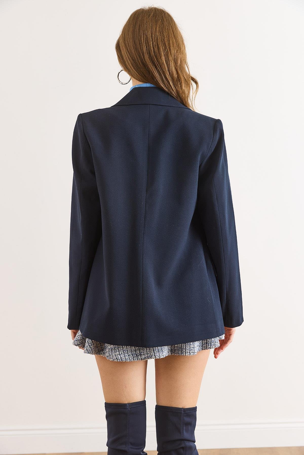 Tek Düğmeli Astarlı Cep Kapaklı Premium Blazer Ceket Lacivert