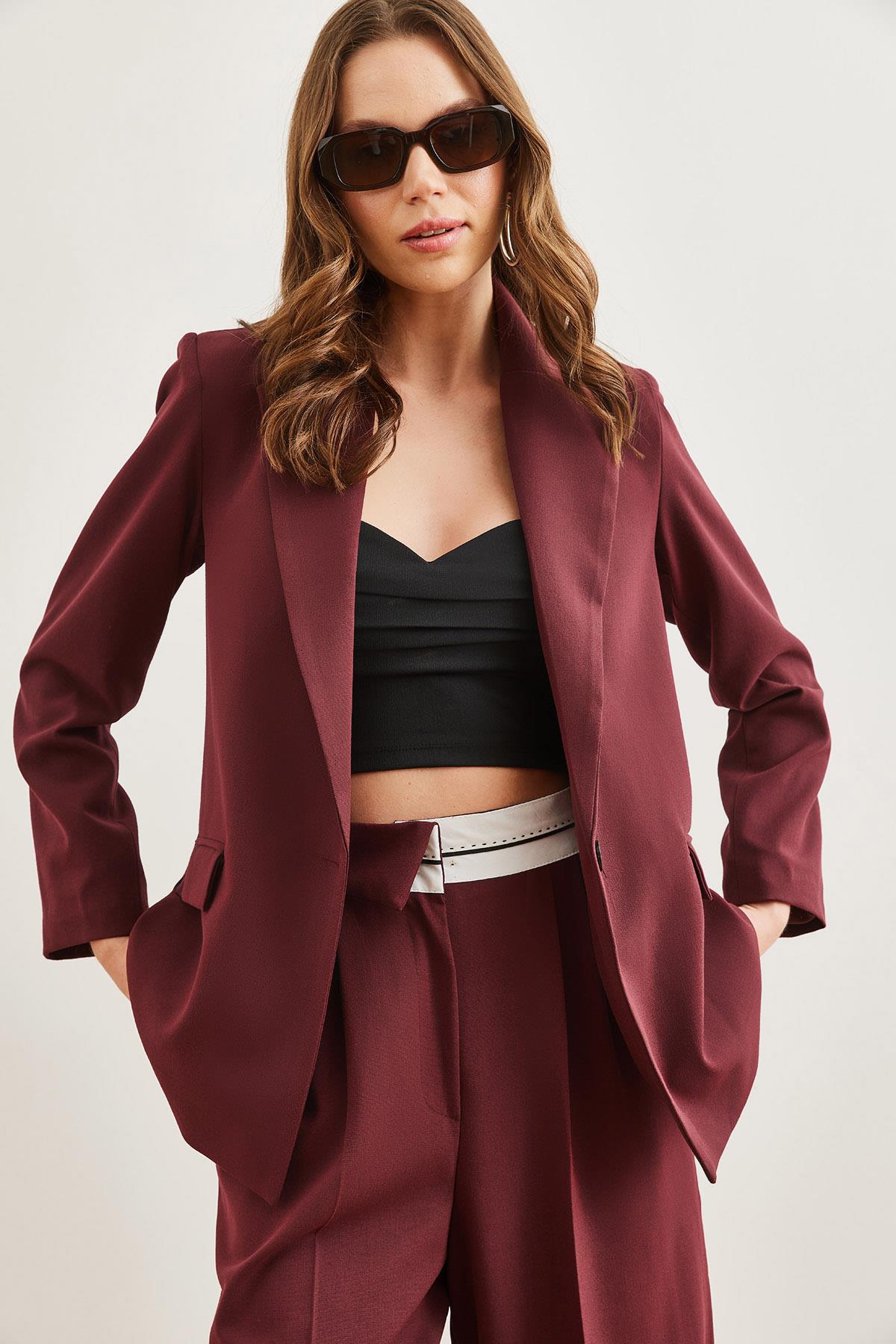 Tek Düğmeli Astarlı Cep Kapaklı Premium Blazer Ceket Bordo