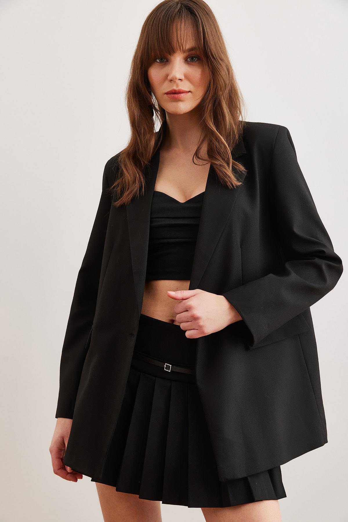 Tek Düğmeli Astarlı Oversize Blazer Ceket Siyah