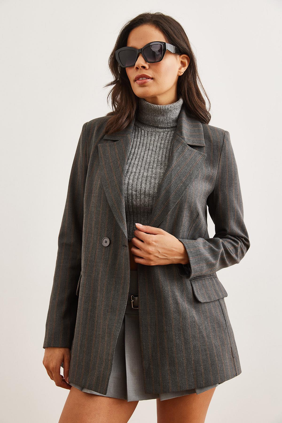 Tek Düğmeli Astarlı Oversize Blazer Ceket Çizgili Gri