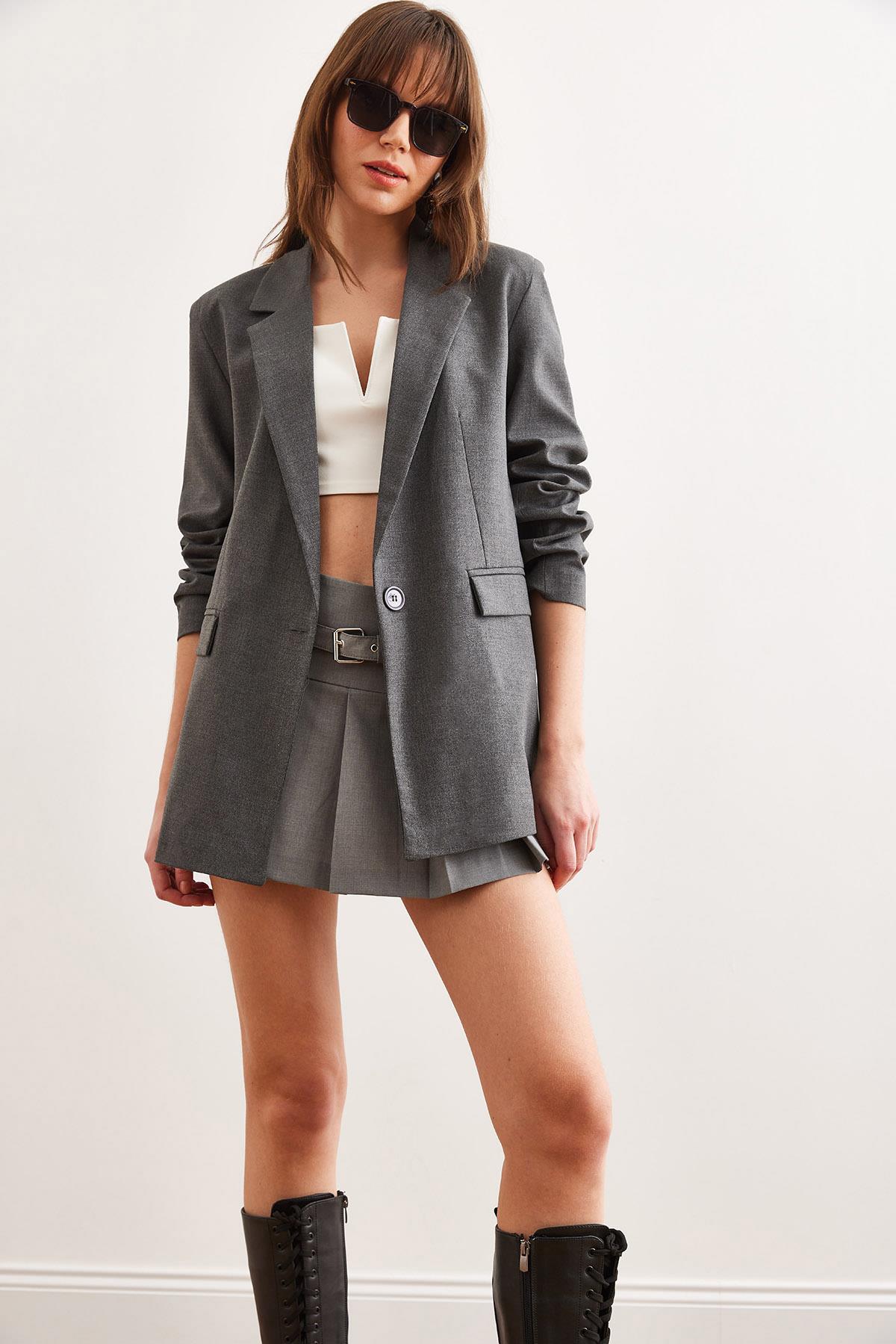 Tek Düğmeli Astarlı Oversize Blazer Ceket Füme