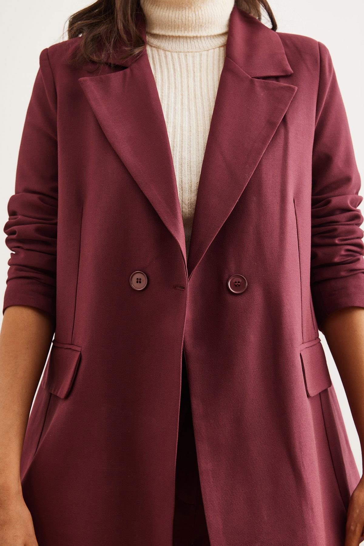 Tek Düğmeli Astarlı Oversize Blazer Ceket Bordo