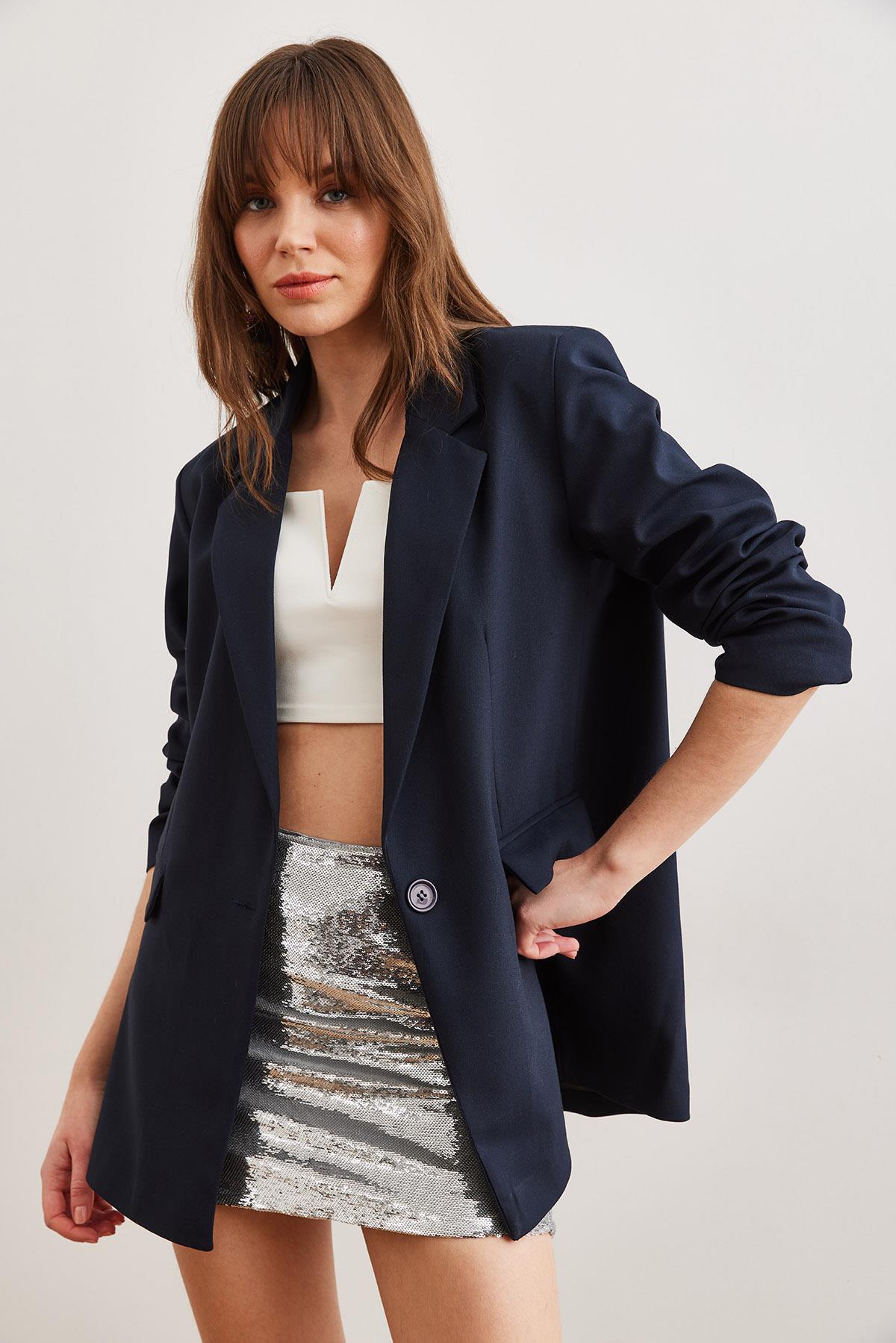 Tek Düğmeli Astarlı Oversize Blazer Ceket Lacivert