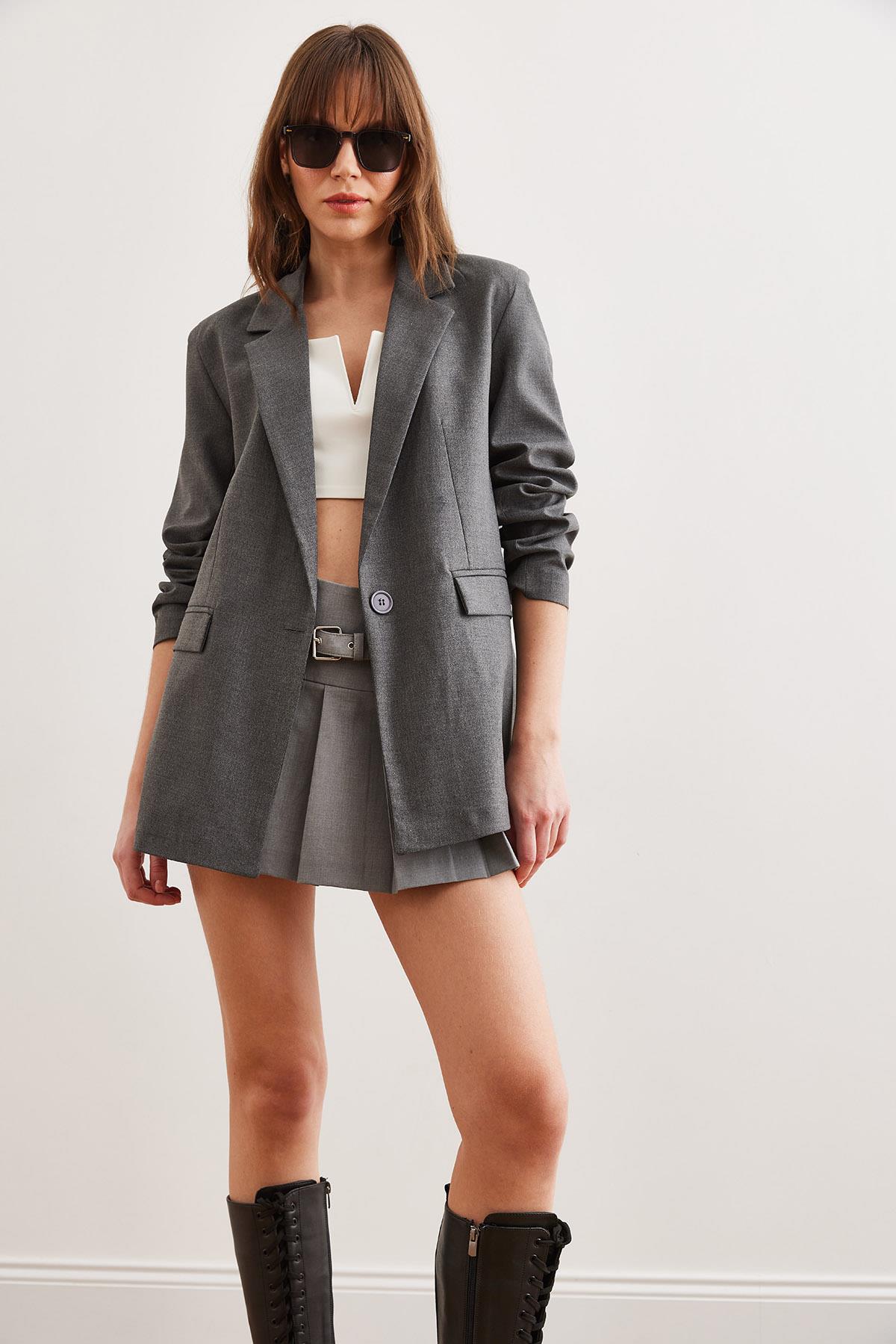 Tek Düğmeli Astarlı Oversize Blazer Ceket Füme