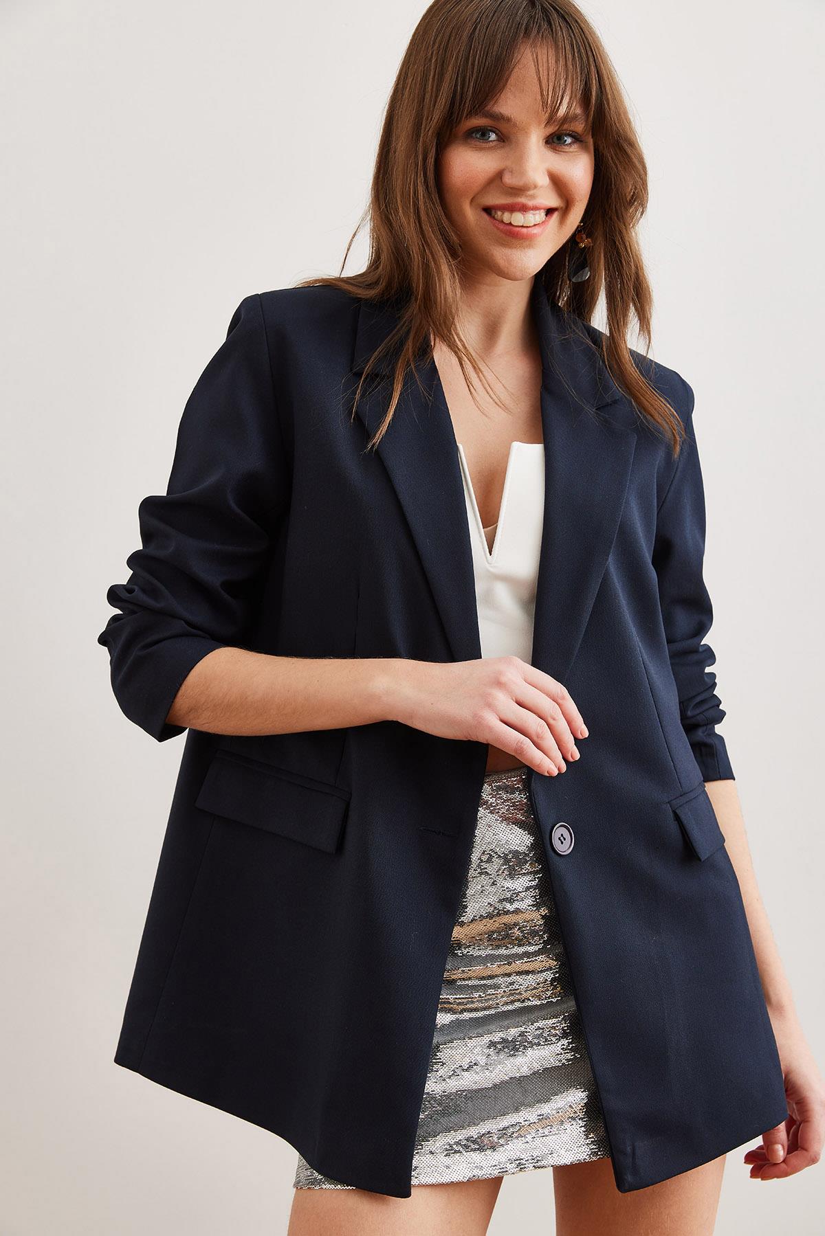 Tek Düğmeli Astarlı Oversize Blazer Ceket Lacivert