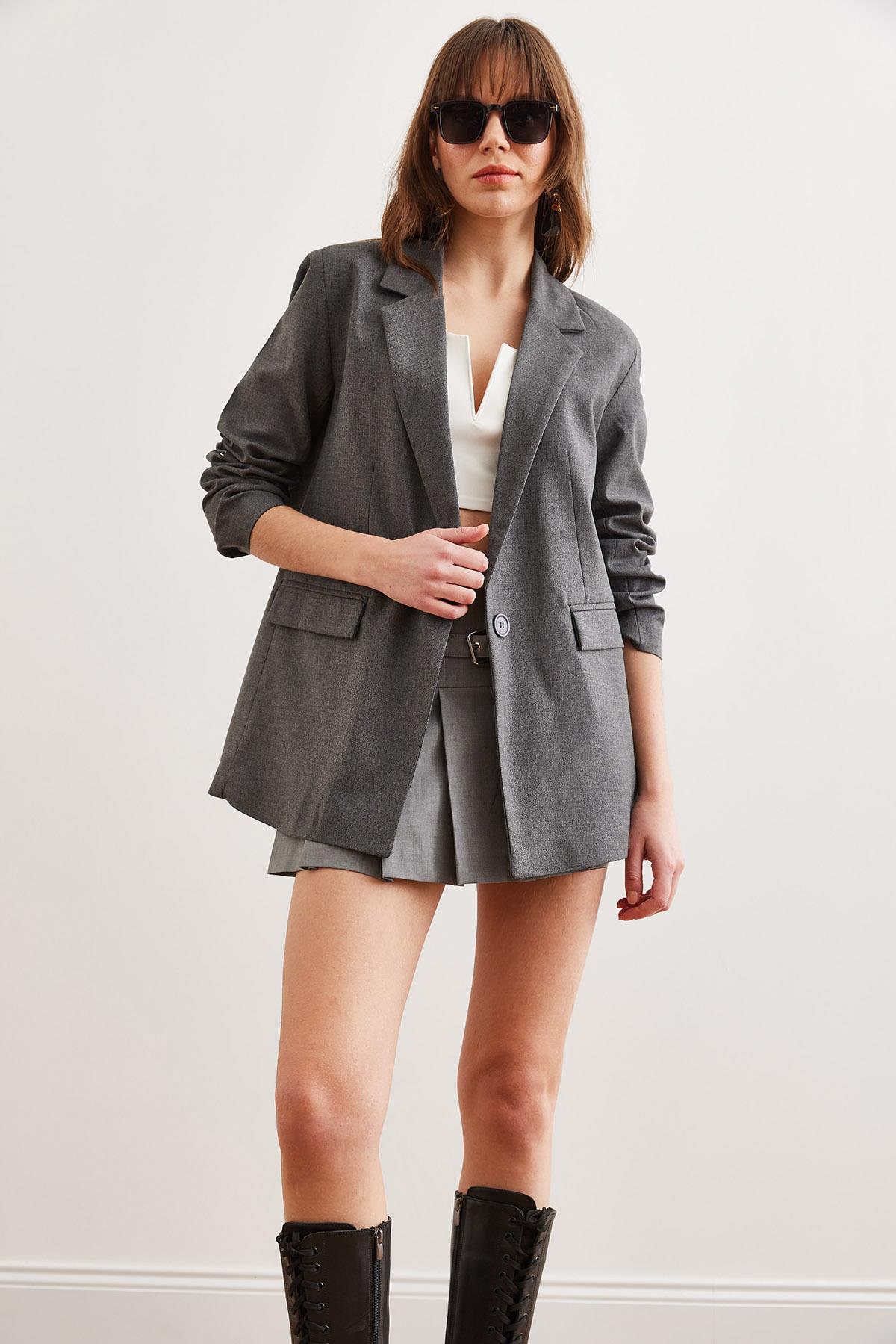 Tek Düğmeli Astarlı Oversize Blazer Ceket Füme