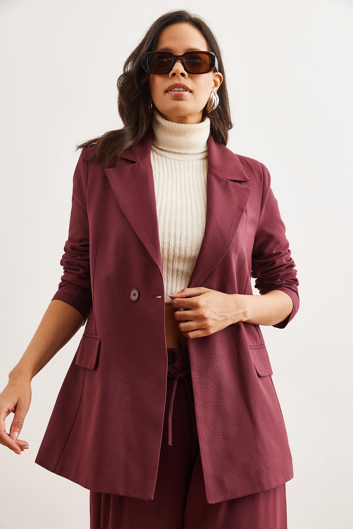 Tek Düğmeli Astarlı Oversize Blazer Ceket Bordo