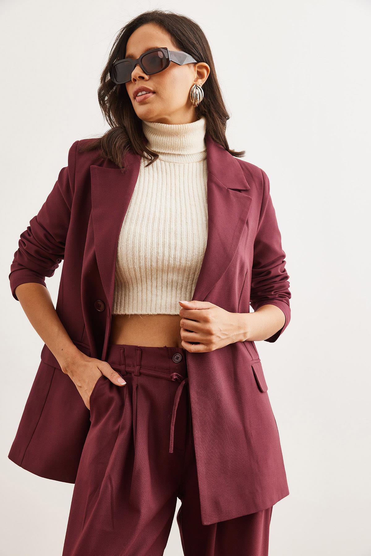 Tek Düğmeli Astarlı Oversize Blazer Ceket Bordo