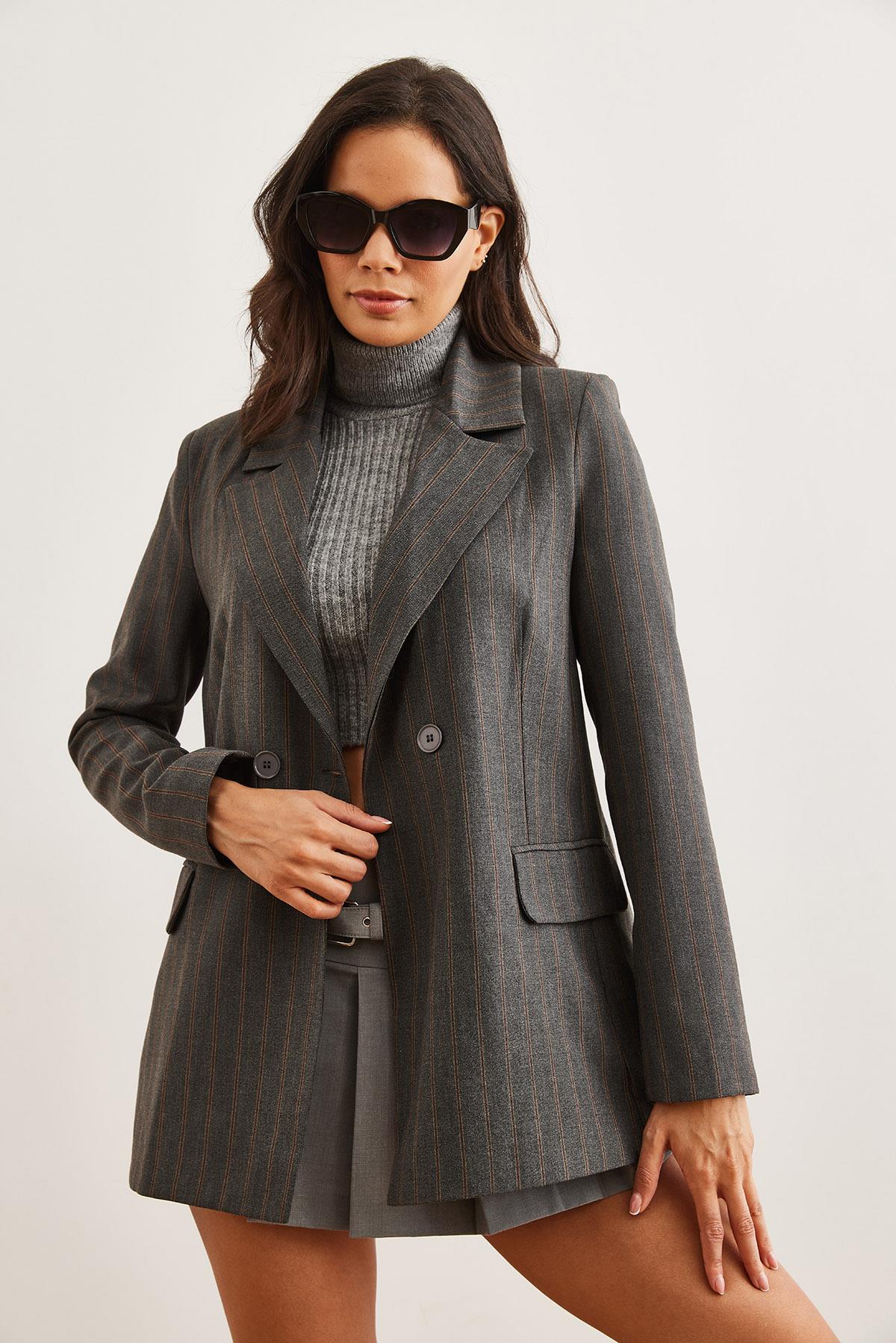 Tek Düğmeli Astarlı Oversize Blazer Ceket Çizgili Gri