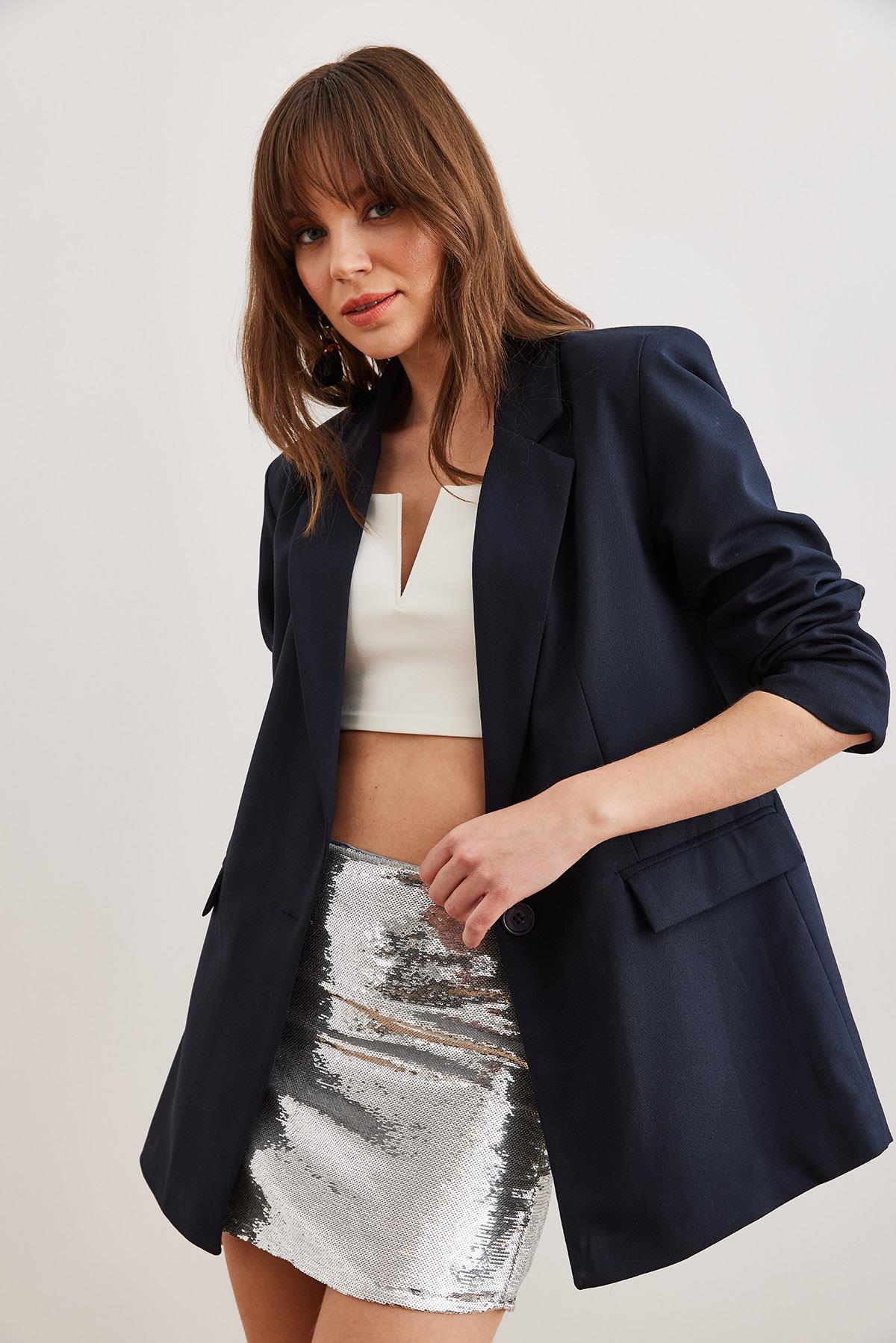 Tek Düğmeli Astarlı Oversize Blazer Ceket Lacivert