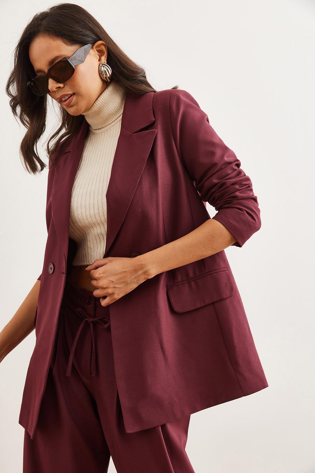 Tek Düğmeli Astarlı Oversize Blazer Ceket Bordo
