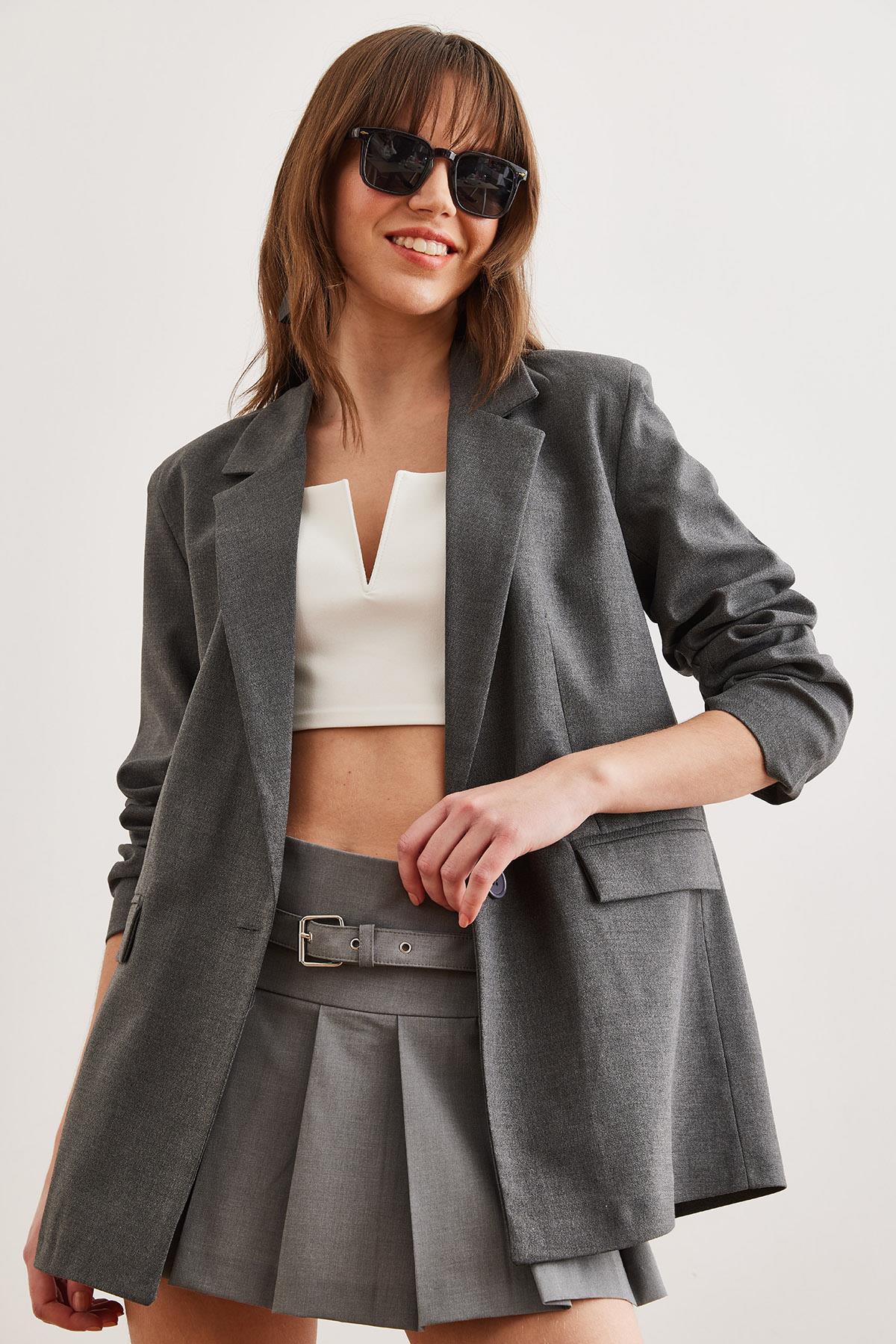 Tek Düğmeli Astarlı Oversize Blazer Ceket Füme