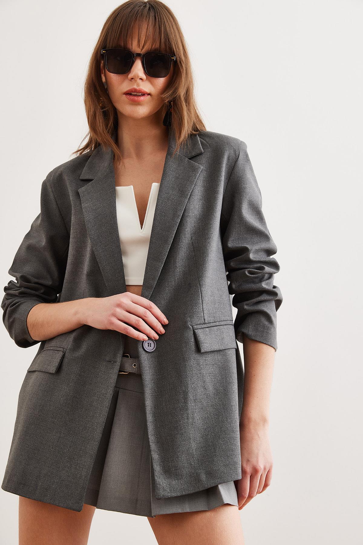 Tek Düğmeli Astarlı Oversize Blazer Ceket Füme