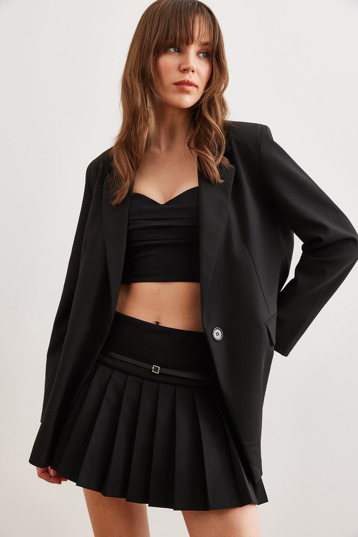 Tek Düğmeli Astarlı Oversize Blazer Ceket Siyah