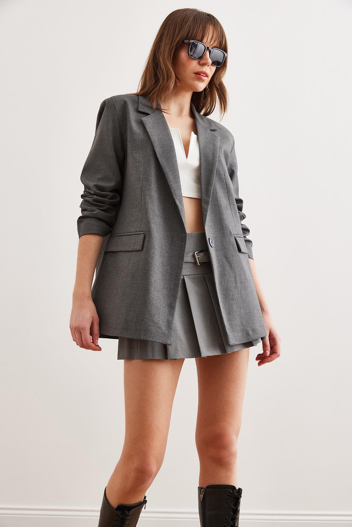 Tek Düğmeli Astarlı Oversize Blazer Ceket Füme