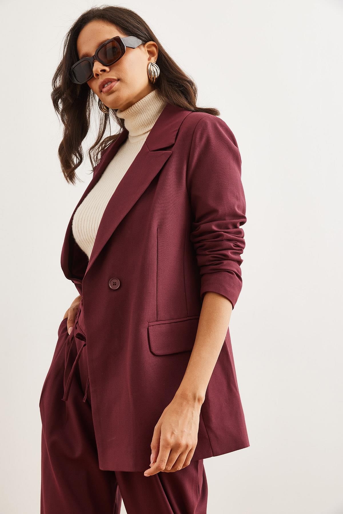 Tek Düğmeli Astarlı Oversize Blazer Ceket Bordo