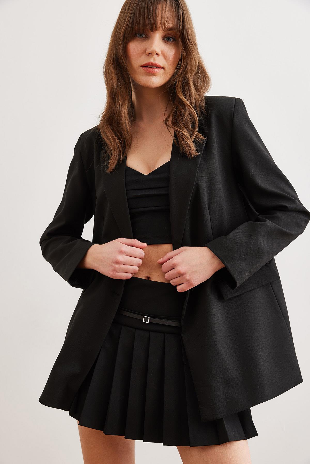 Tek Düğmeli Astarlı Oversize Blazer Ceket Siyah