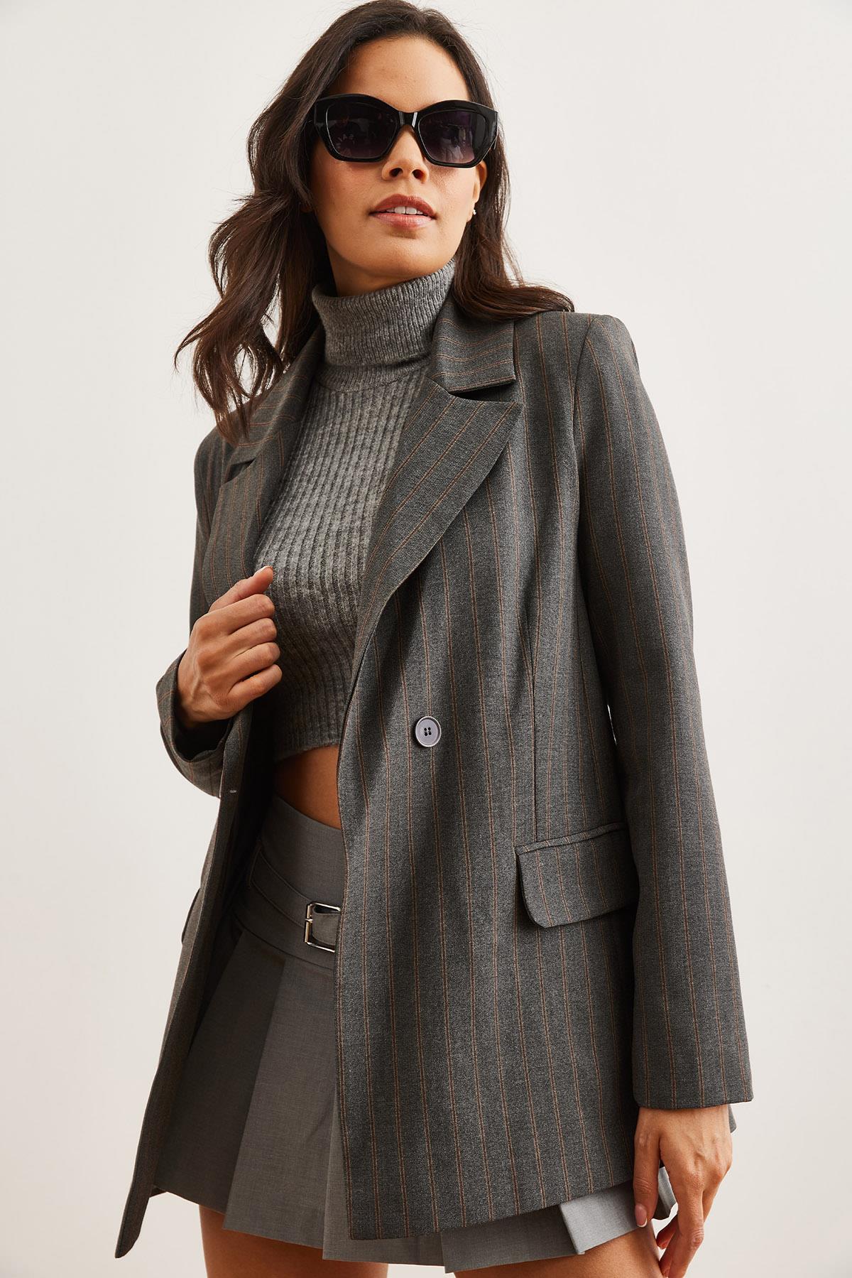 Tek Düğmeli Astarlı Oversize Blazer Ceket Çizgili Gri
