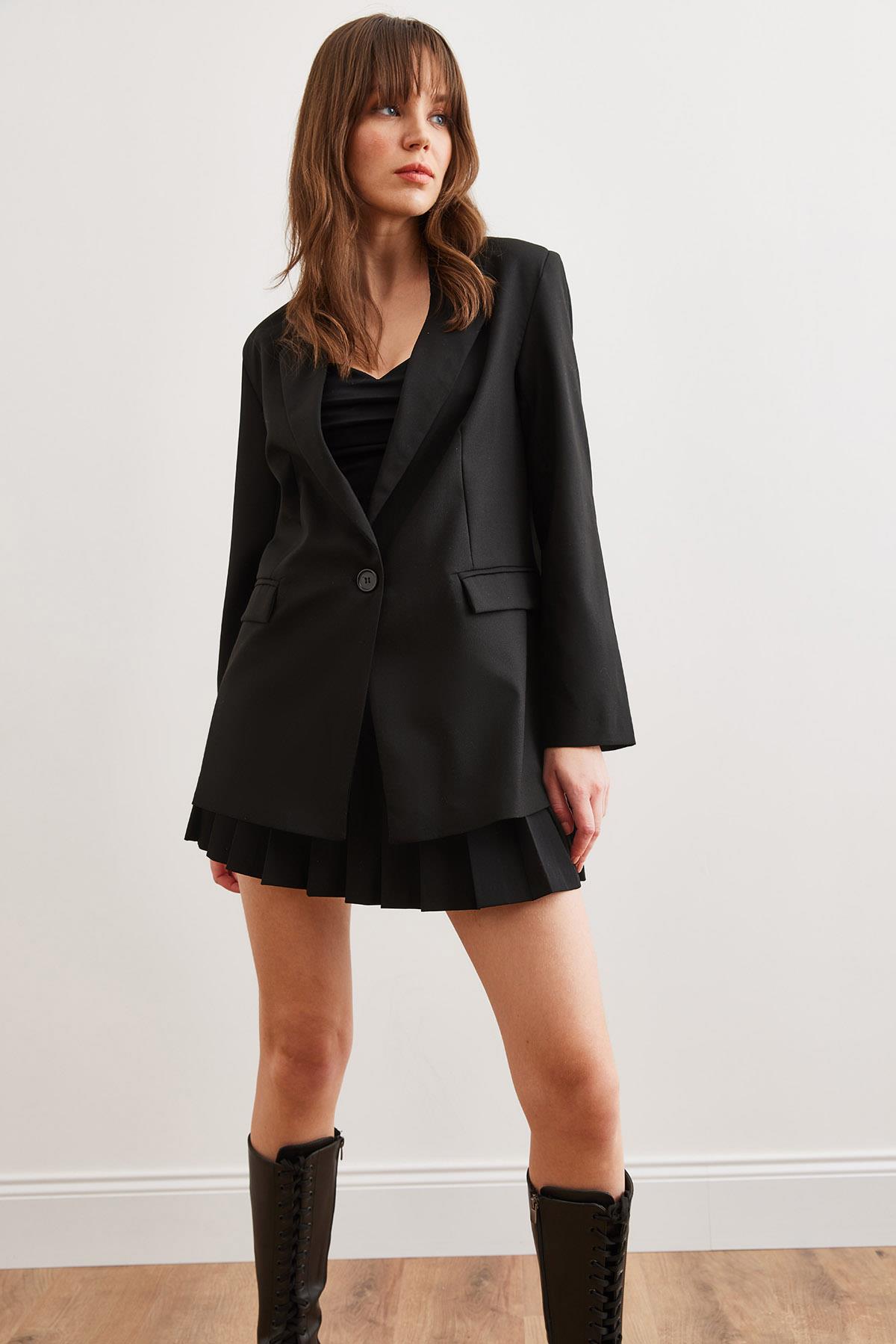 Tek Düğmeli Astarlı Oversize Blazer Ceket Siyah