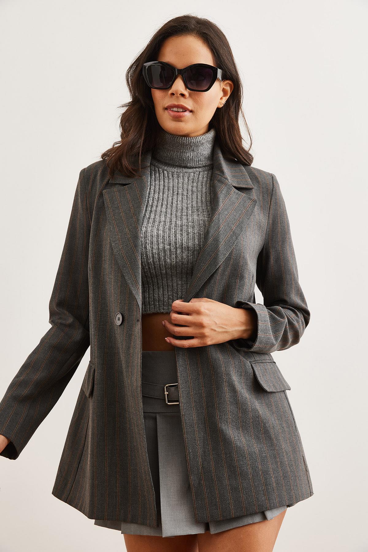 Tek Düğmeli Astarlı Oversize Blazer Ceket Çizgili Gri
