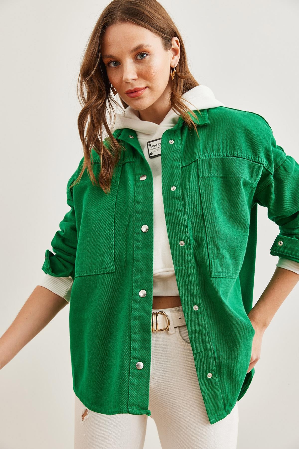 Torba Cepli Oversize Gabardin Gömlek Çimen Yeşili