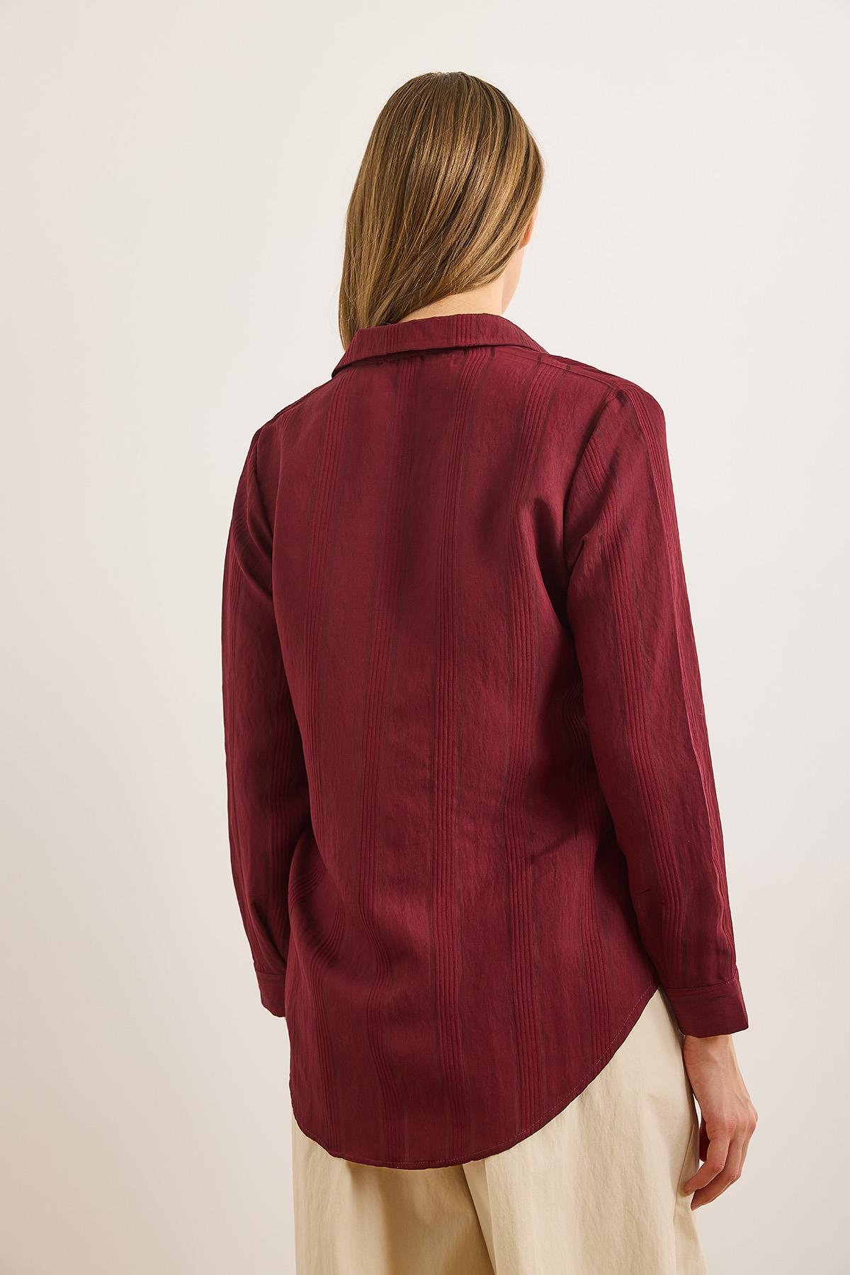 Transparan Şeritli Regular Fit Dökümlü Gömlek Bordo