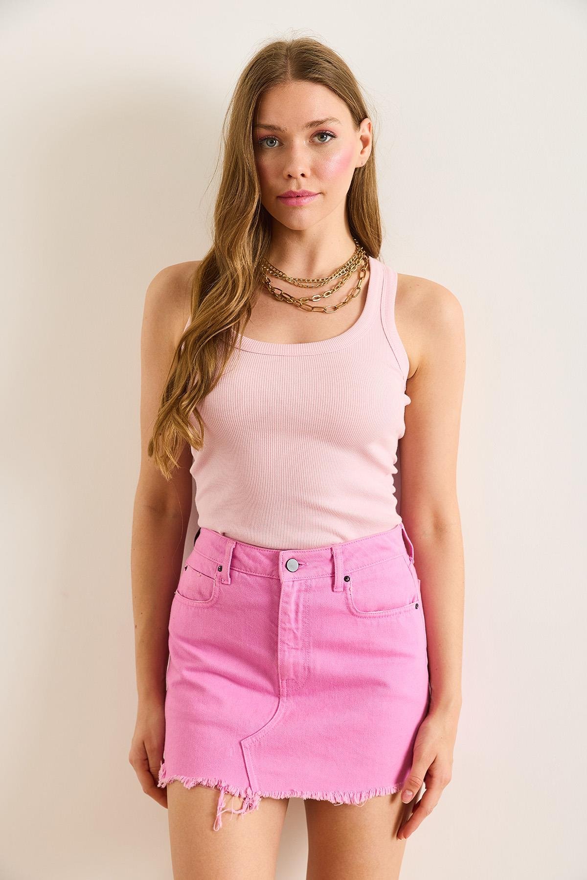 U Yaka Likralı Kaşkorse Bluz Pembe