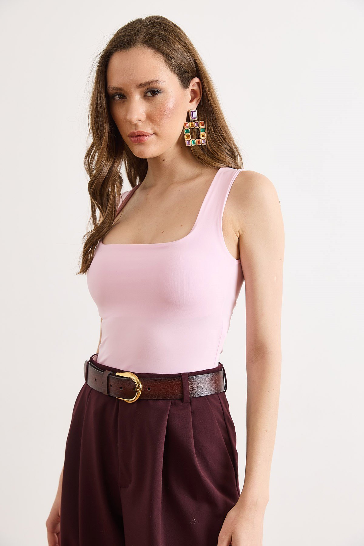 U Yaka Yarıya Kadar Çift Kat Altı Çıtçıtlı Bodysuit Pembe