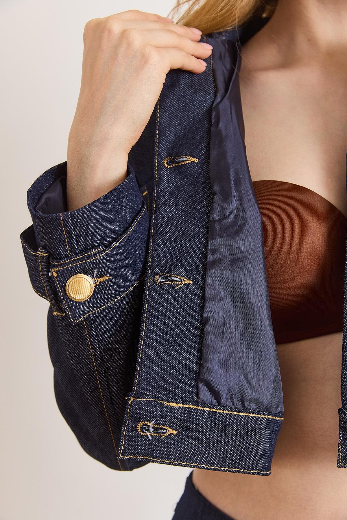 Üst Astarlı Ceket Alt Dikiş Detaylı Pantolon Denim Takım Lacivert