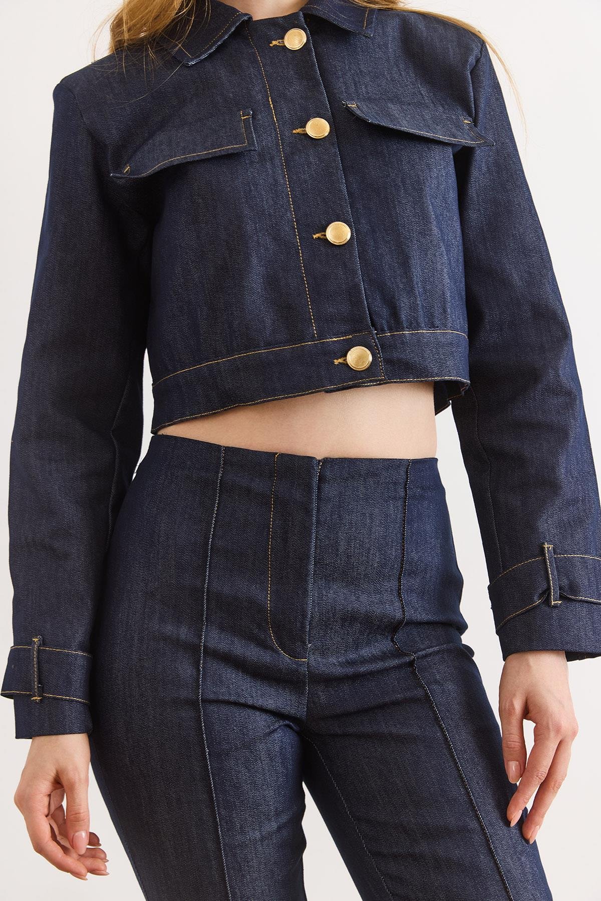 Üst Astarlı Ceket Alt Dikiş Detaylı Pantolon Denim Takım Lacivert
