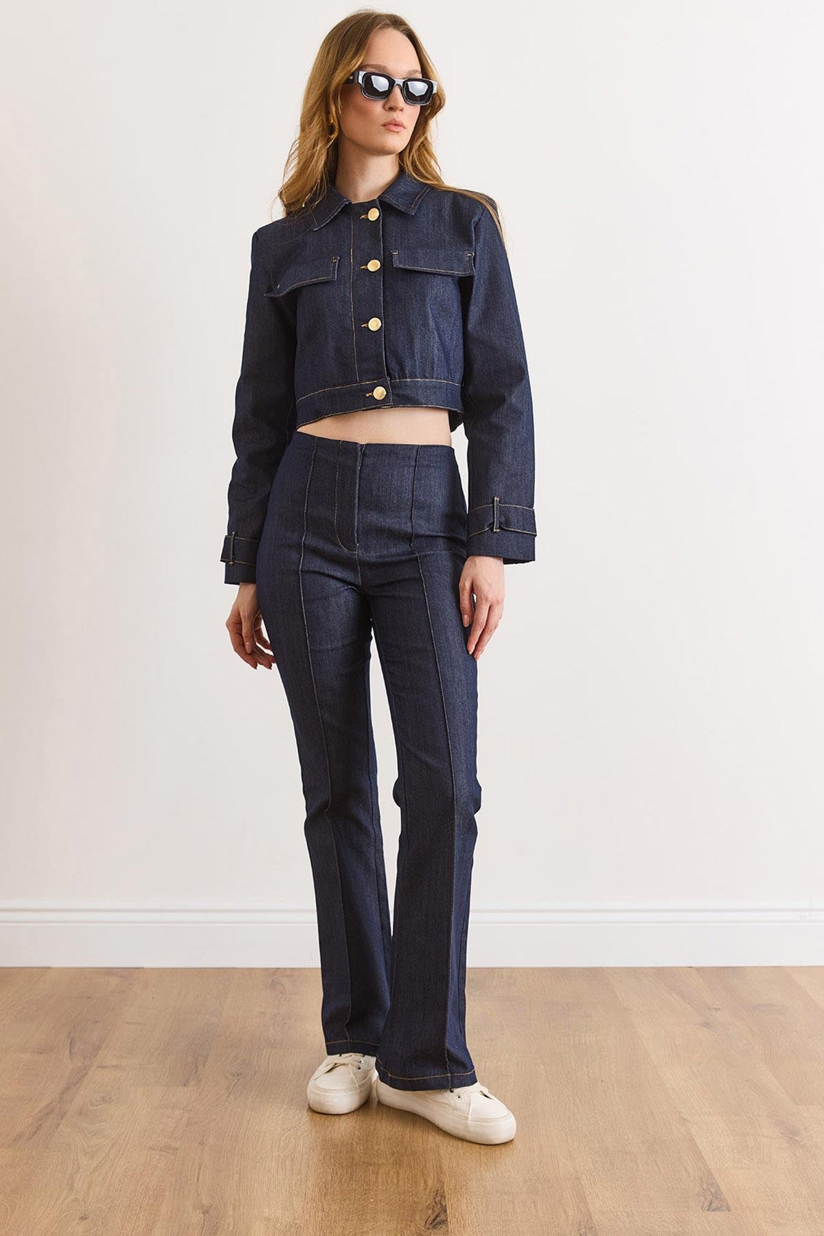 Üst Astarlı Ceket Alt Dikiş Detaylı Pantolon Denim Takım Lacivert