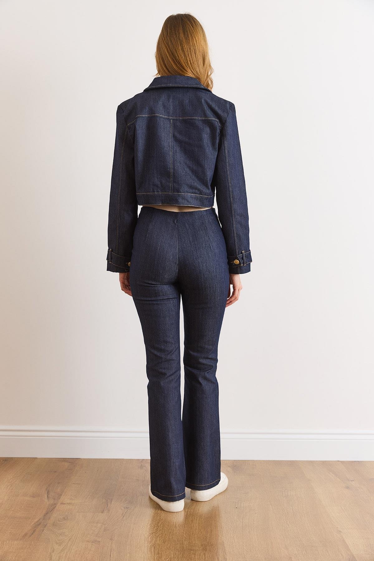 Üst Astarlı Ceket Alt Dikiş Detaylı Pantolon Denim Takım Lacivert
