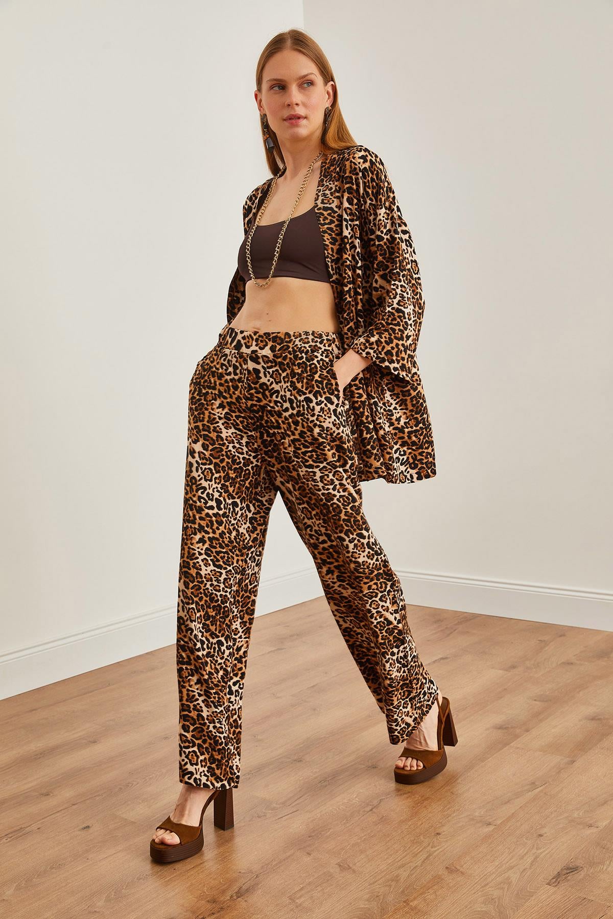 Üst Kimono Alt Cepli Palazzo Pantolon Takım Leopar Siyah