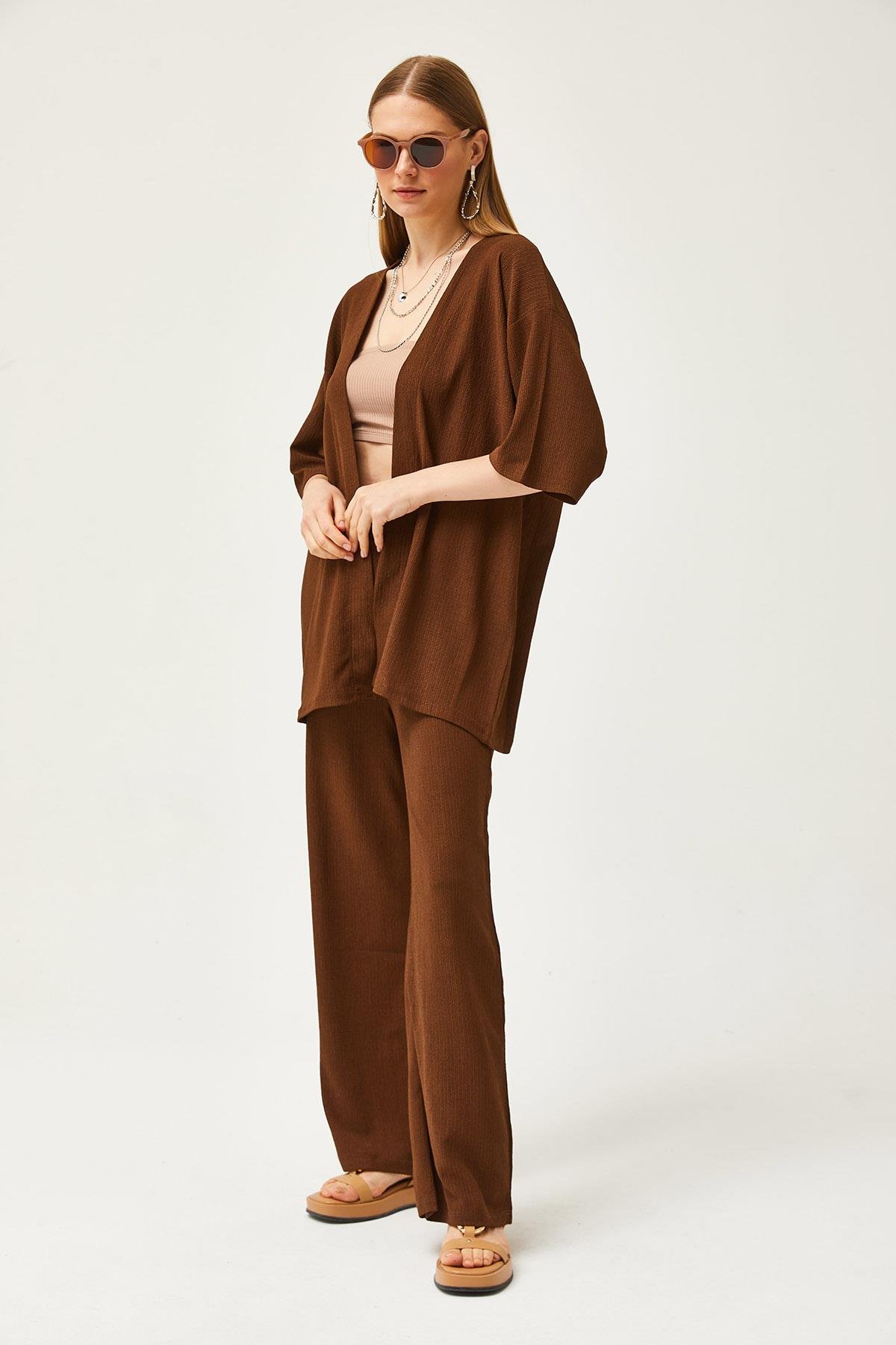 Üst Kimono Alt Pantolon Takım Acı Kahve