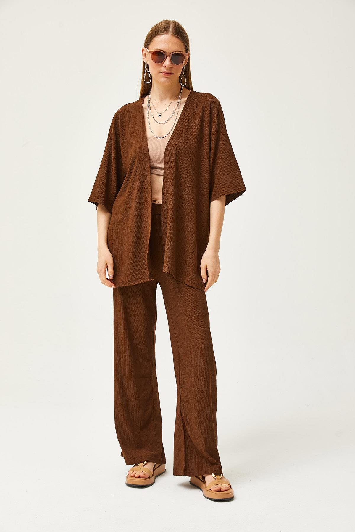 Üst Kimono Alt Pantolon Takım Acı Kahve