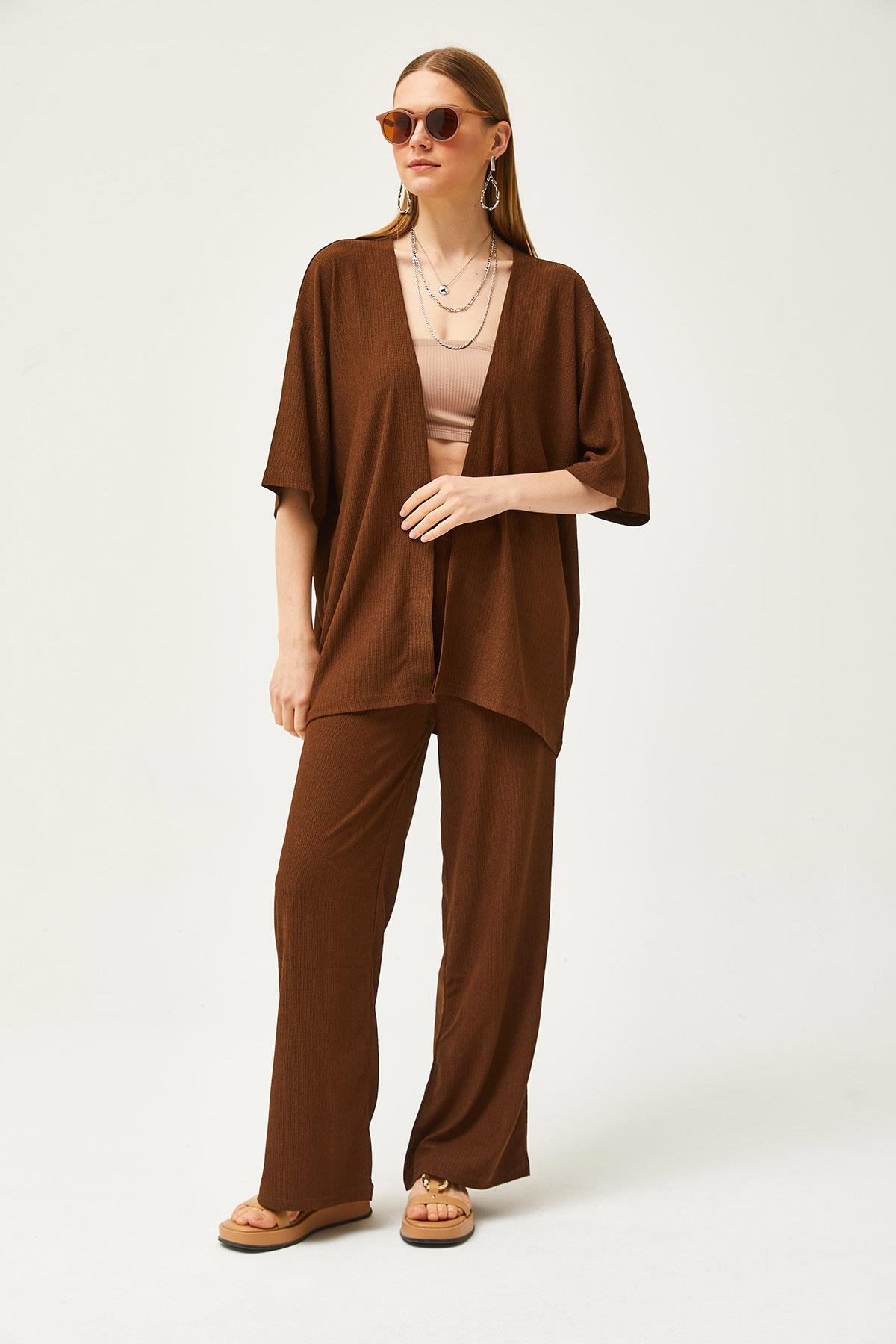 Üst Kimono Alt Pantolon Takım Acı Kahve