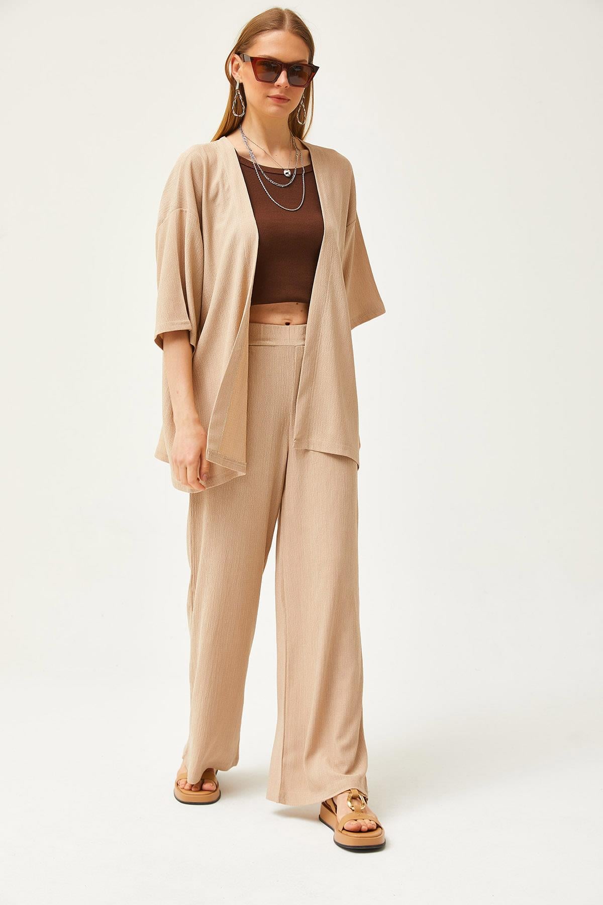 Üst Kimono Alt Pantolon Takım Bej