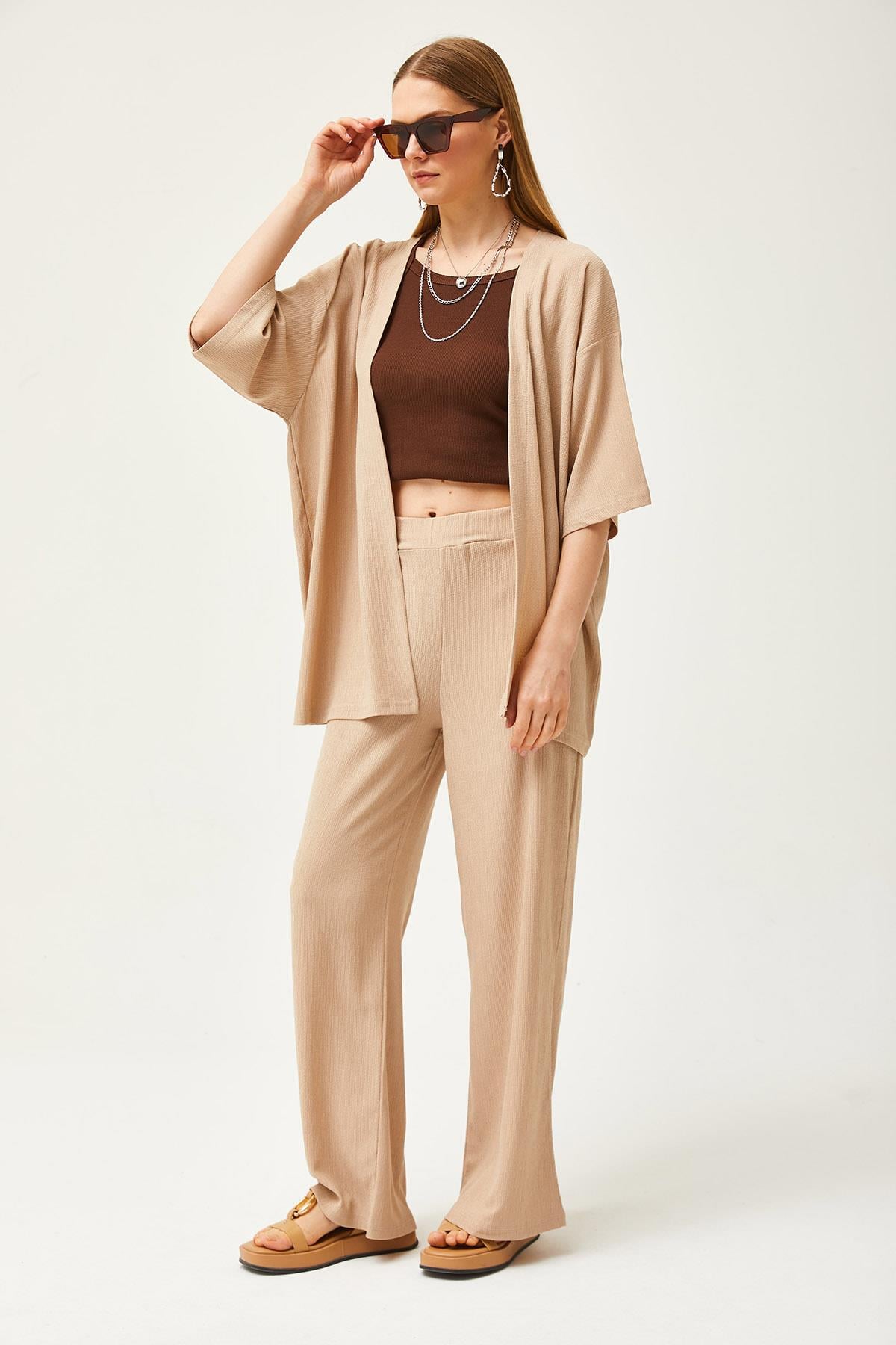 Üst Kimono Alt Pantolon Takım Bej