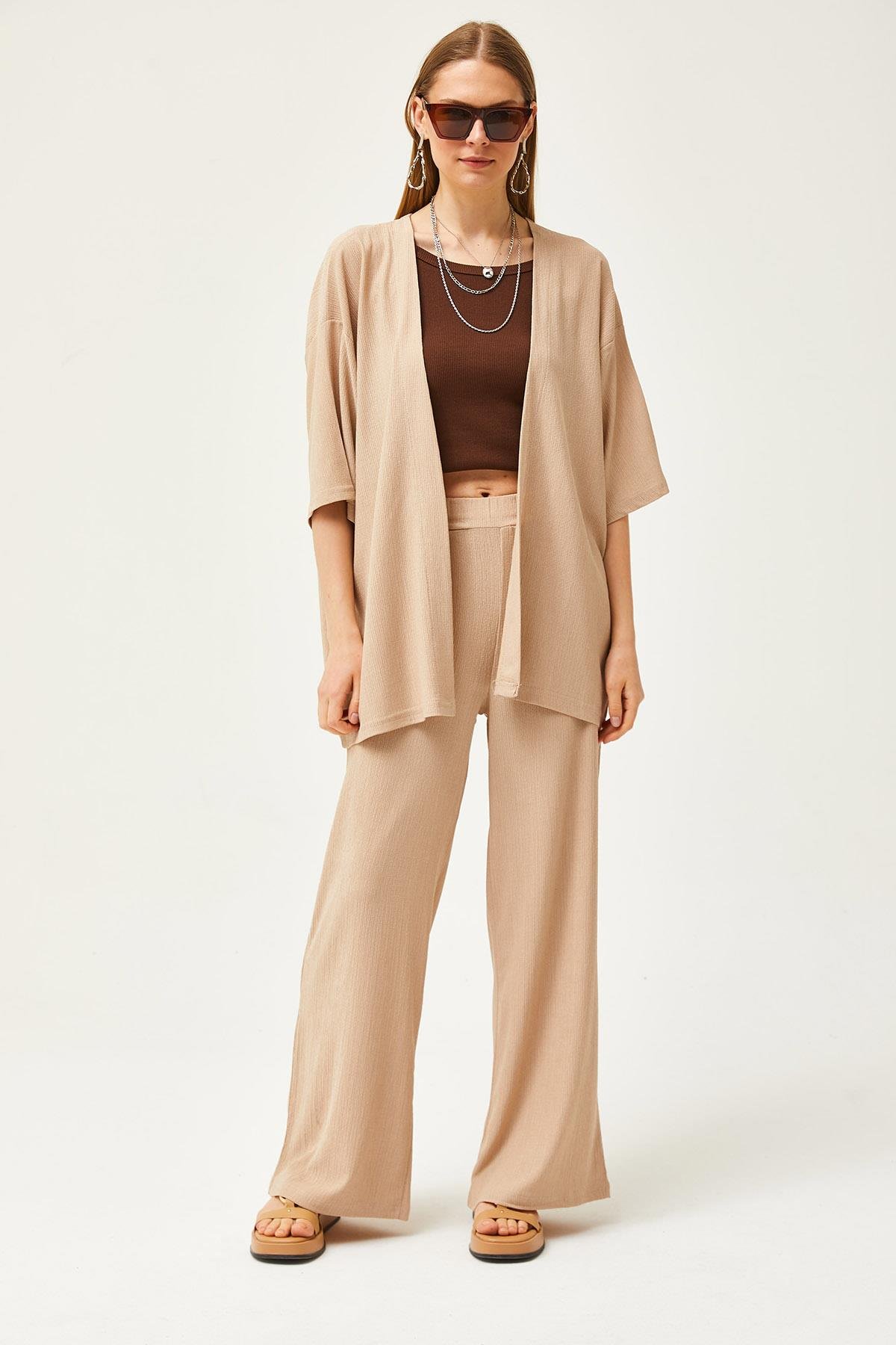 Üst Kimono Alt Pantolon Takım Bej